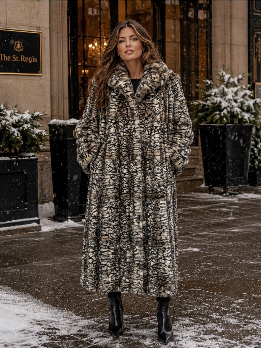 Black’s Furs Couture Black Gray Cream Rabbit Fur Full-Length Coat Size XL